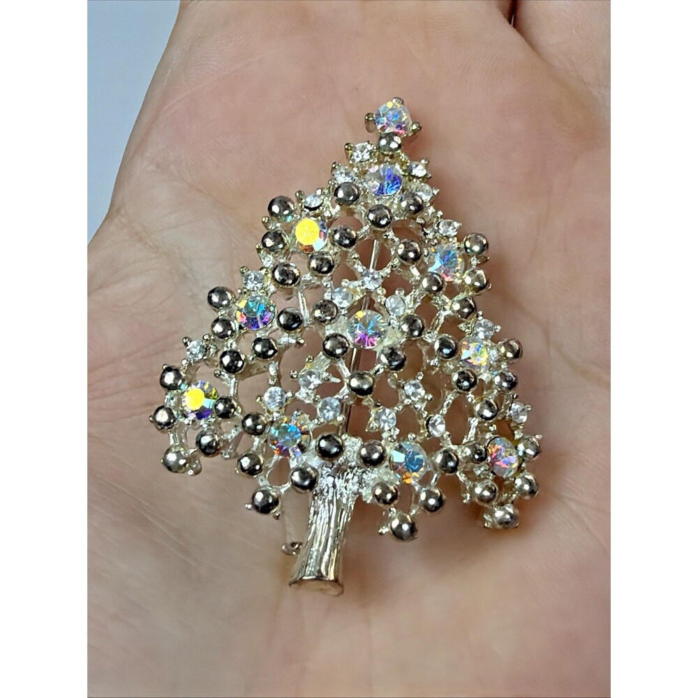 Vintage Eisenberg Ice Christmas Tree Brooch AB Rhinestone Silver Tone Signed Pin